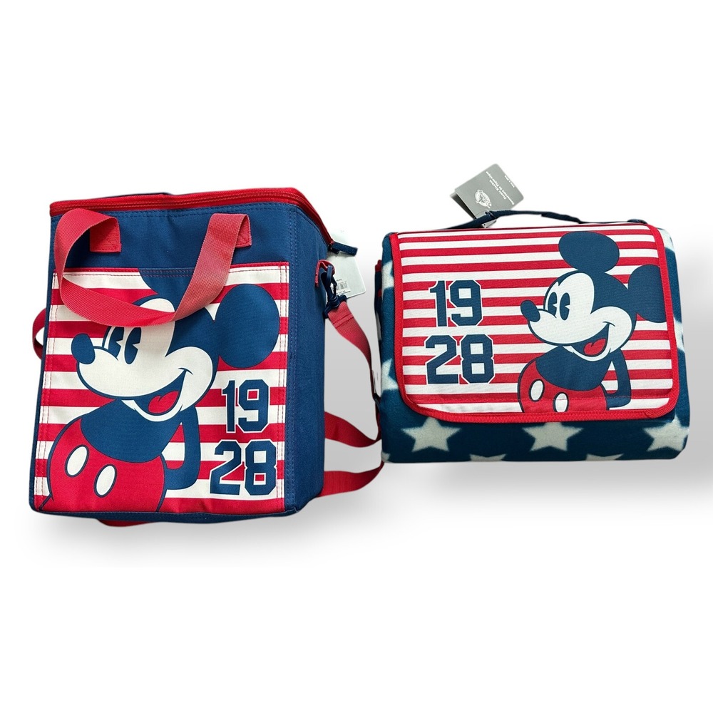 Disney Store Mickey Mouse Americana 70x80 Patriotic Fleece Blanket & Lunch‎ Box